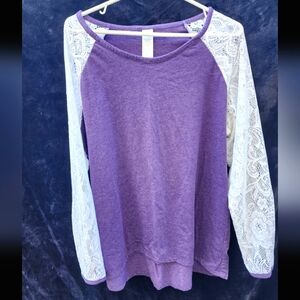 Avon Lace Sleeve Purple Crew Neck Baseball Style Long Sleeve Tshirt Size XL